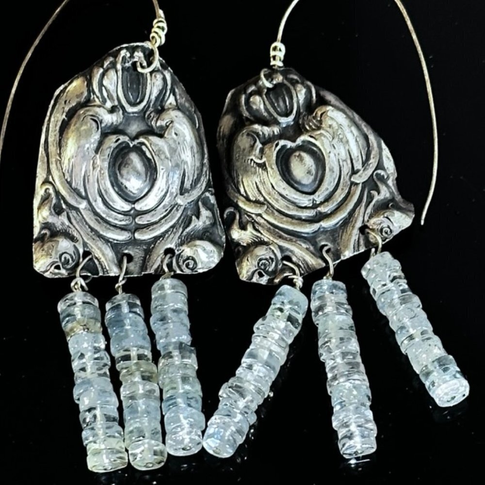Genuine Blue Aquamarine Gemstone Antique Sterling Silver 925 Earrings  Dangle